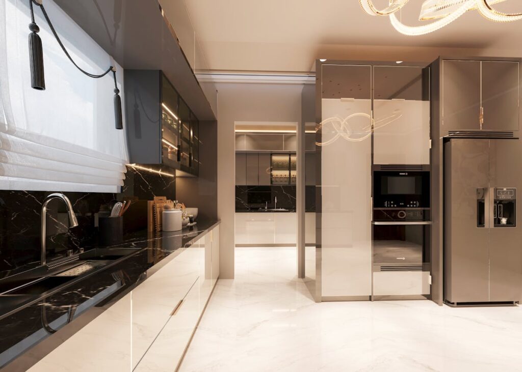Modern luxury kitchen interior with marble surfaces